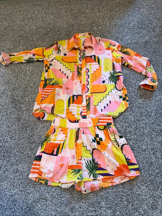 Haute Hippie Other - Haute Hippie Pink, Orange & Yellow Geometric Palm Women's Lounge Set Size Large
